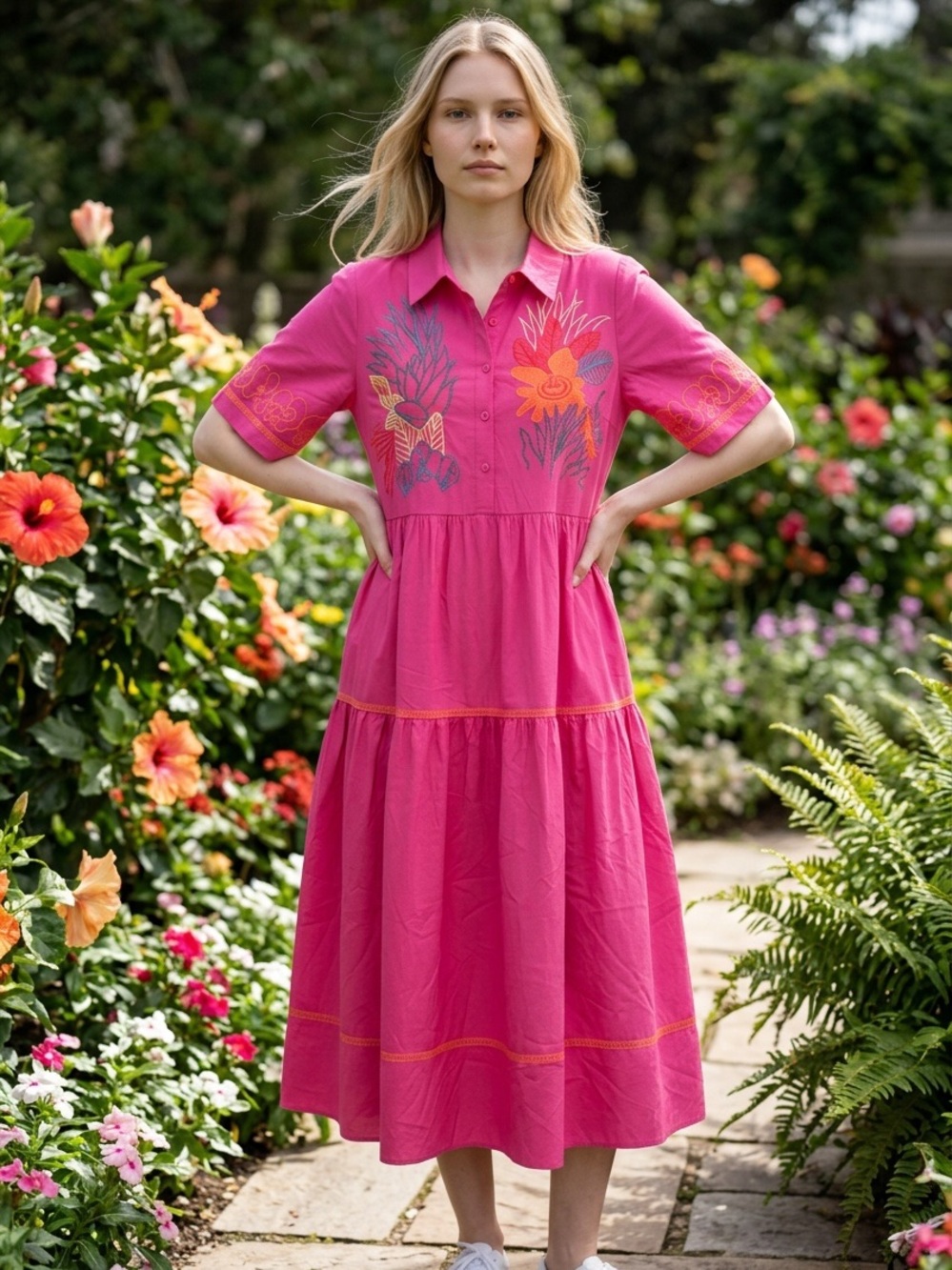 JODIFL Pink Embroidered Tiered Midi Dress size L-NWT